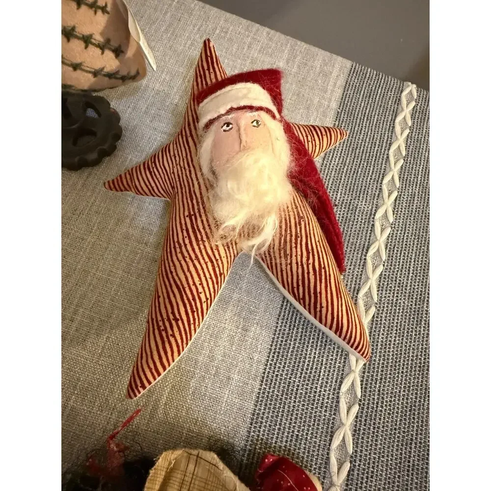 🎄 Primitive Folk Art Christmas Decor Lot (4) Santa Star, Doll, Tree & Stocking